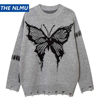 2023 Вязаный свитер в стиле хип-хоп, уличная одежда с изображением бабочки, рваный пуловер, мужской повседневный трикотаж в стиле Харадзюку, унисекс, панк