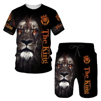 Conjunto de camiseta con estampado de León en 3D para hombre, camiseta de gran tamaño, pantalones cortos, ropa deportiva, Top de