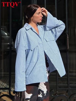 TTQV, повседневная синяя хлопковая женская рубашка, Офисная Женская элегантная рубашка в полоску с карманами и принтом, Модные однобортные рубашки с длинным рукавом
