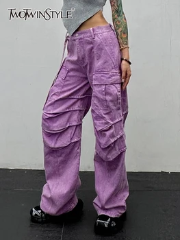 TWOTWINSTYLE, минималистичные осенние джинсы для женщин, Высокая талия, карман в стиле пэчворк, Повседневные Свободные Широкие брюки, Женская модная одежда