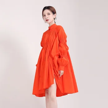 Zhongchuangrizhen 2021 европейское и американское платье модное простое нерегулярное плиссированное платье-рубашка с рукавом-фонариком и большими распашными рукавами