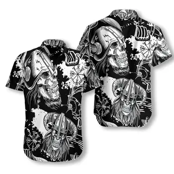 Досуг Ретро Викинг Татуировка Пляж Гавайи Сорочка 3D Печать Мужская Красочная Рубашка с коротким рукавом Уличная Мода Vetement WY-306