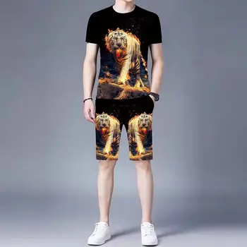 Летний новый мужской повседневный костюм с 3D тигром, футболка с короткими рукавами и круглым вырезом + шорты, индивидуальность, уличная пляжная мужская одежда из 2 предметов