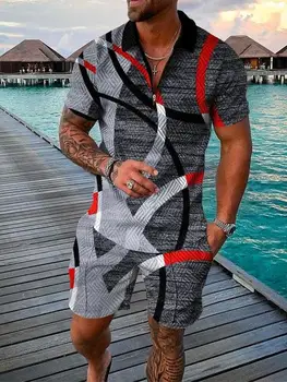 Летняя мужская спортивная одежда для бега Трусцой, мужская Повседневная модная рубашка Поло с 3D принтом, комплекты Уличной одежды с коротким рукавом