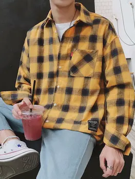 Мужская рубашка в клетку с цветным блоком Harajuku 2021, мужская Уличная одежда, Плотные Рубашки с Длинным рукавом, Мужская Винтажная корейская модная одежда