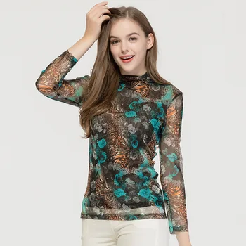 Осенняя новая шелковая сетчатая трикотажная нижняя рубашка из 100% шелка, приталенная футболка с длинным рукавом и принтом в пол с высоким воротом для женщин 9077