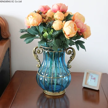 Прозрачная стеклянная Ваза, сухоцветы, Аксессуары для цветочной композиции, Синяя ваза, Украшение для гостиной в европейском стиле