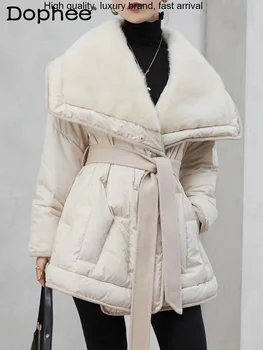 Пуховое теплое женское пальто с хлопковой подкладкой, осенне-зимнее пальто, Роскошная плюшевая куртка с большим отворотом на шнуровке, высококачественная хлебная куртка
