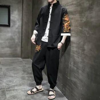 Традиционная Китайская мужская рубашка с вышивкой дракона, Брюки, футболка с изображением династии Тан Кунг-фу, топ, куртка, Комплект брюк